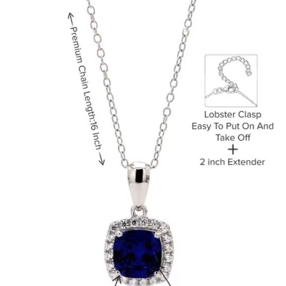 💙 Cushion Cut Blue Sapphire Cz Diamond Halo Necklace - Picture 14 of 14